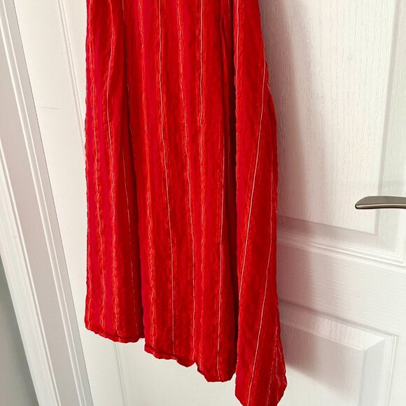 Tristan Red Striped Faux Wrap Cotton Blend V Neck Dress with Tie Belt Cap Sleeve - Picture 10 of 15